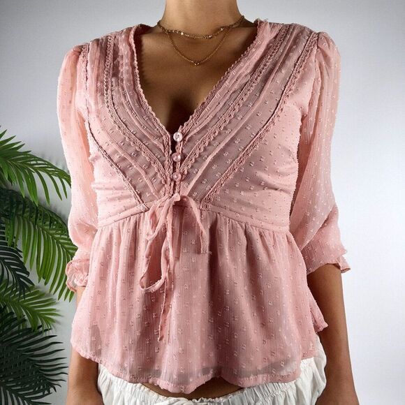 Women's Vintage Pink Coquette Long Sleeve Cottagecore Romantic Blouse / XS - Picture 4 of 5